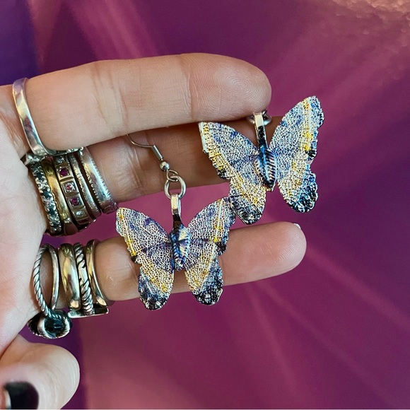 Dangly blue yellow butterfly earrings stainless steel post allergy free boho - Picture 2 of 8